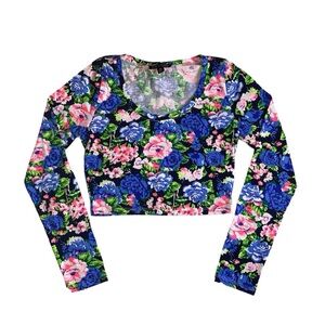 NEON FLORAL PRINT LONG-SLEEVE CROP TOP · SIZE M